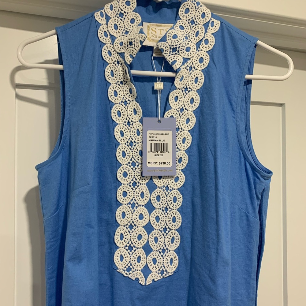 Sail to Sable classic maxi linen- blend tunic in marina blue, size XS.
